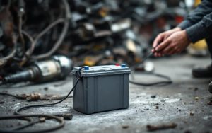 Une batterie de voiture sans permis posée devant un atelier de ferrailleur, ambiance reportage terrain avec lumière naturelle.