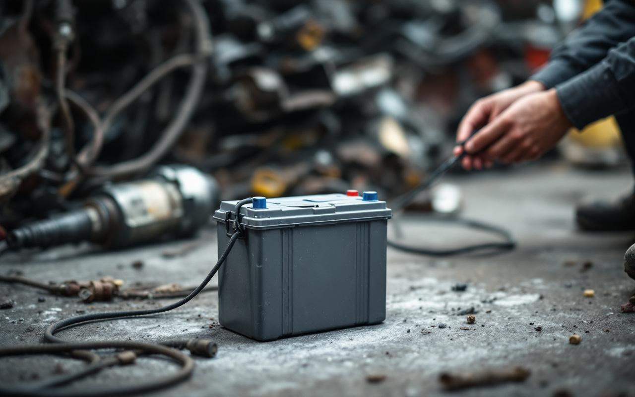 Une batterie de voiture sans permis posée devant un atelier de ferrailleur, ambiance reportage terrain avec lumière naturelle.