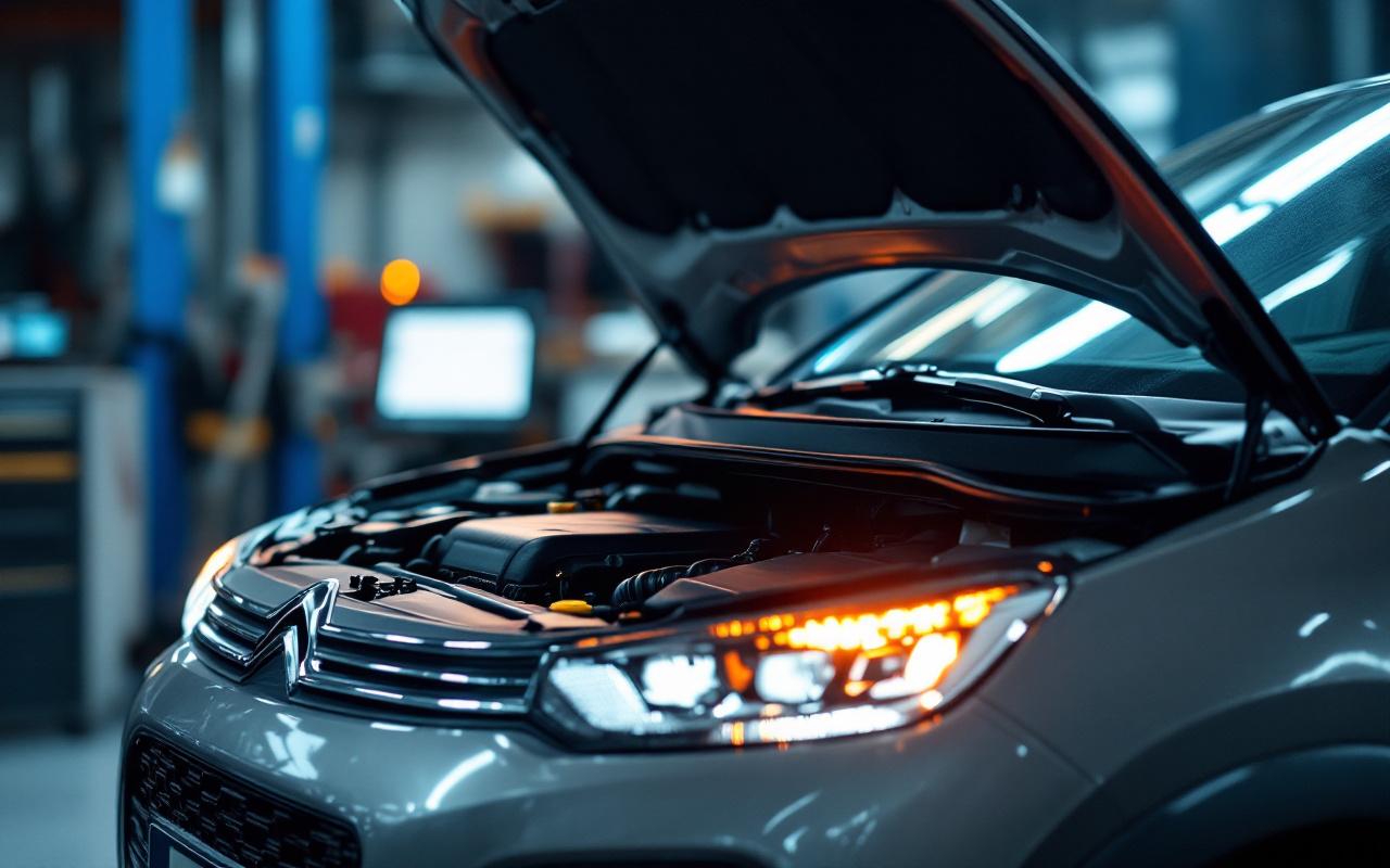 Citroën C3 essence capot ouvert dans un atelier automobile réaliste, tableau de bord avec voyant moteur allumé.