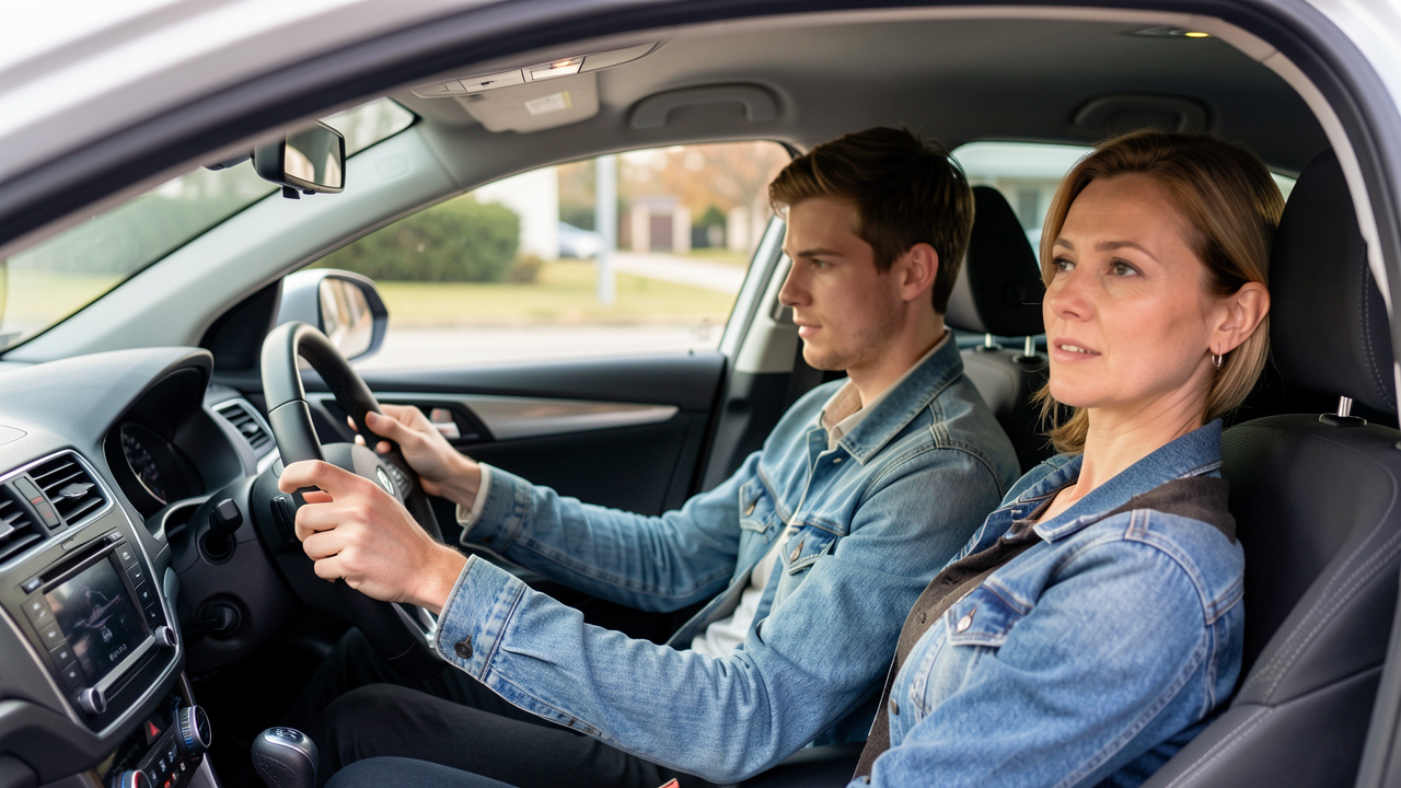 Un jeune homme assis à l’avant d’une voiture examine le tableau de bord pendant qu’une femme inspecte depuis la banquette arrière, ambiance réaliste d’examen pratique.