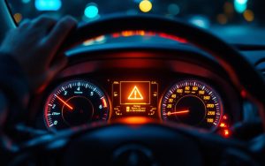 Tableau de bord de voiture en éclairage faible avec un témoin lumineux de contrôle, ambiance réaliste de panne mécanique.