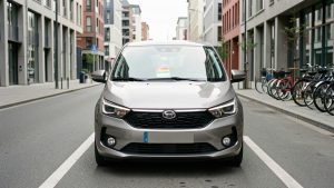 Voiture sans permis moderne stationnée dans une rue urbaine, avec une petite vignette environnementale colorée visible sur le pare-brise.