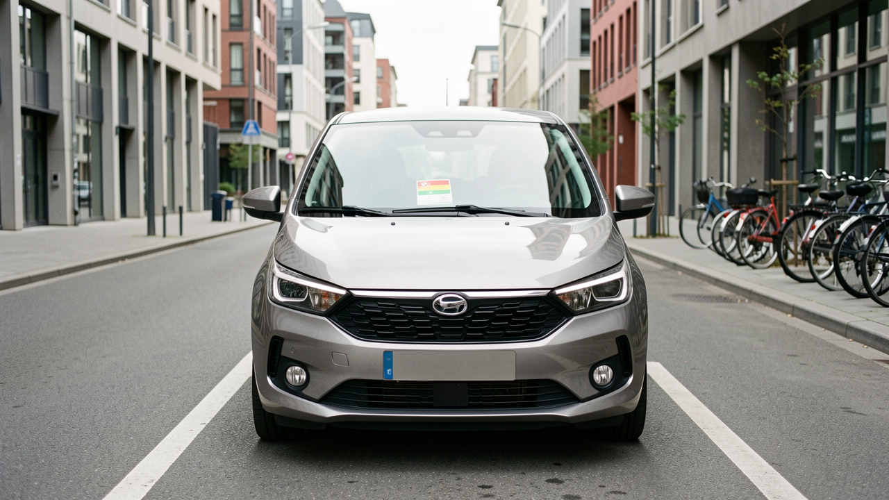 Voiture sans permis moderne stationnée dans une rue urbaine, avec une petite vignette environnementale colorée visible sur le pare-brise.