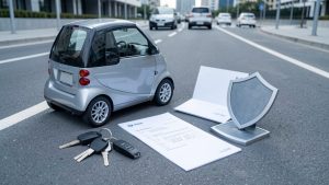 Petite voiture sans permis accompagnée de clés, de documents d’assurance vierges et d’un symbole de protection, illustrant la vérification des garanties avant une location d’une semaine.