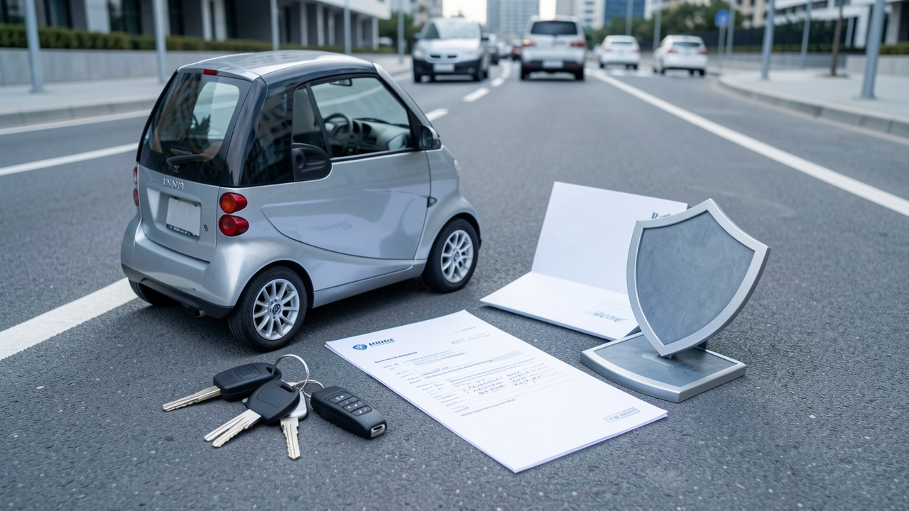Petite voiture sans permis accompagnée de clés, de documents d’assurance vierges et d’un symbole de protection, illustrant la vérification des garanties avant une location d’une semaine.