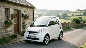 Petite voiture moderne garée dans une rue de village entourée de maisons fleuries et de campagne.