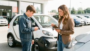 Un lycéen de 15 ans observe une petite voiture sans permis avec une conseillère adulte devant une agence de location.