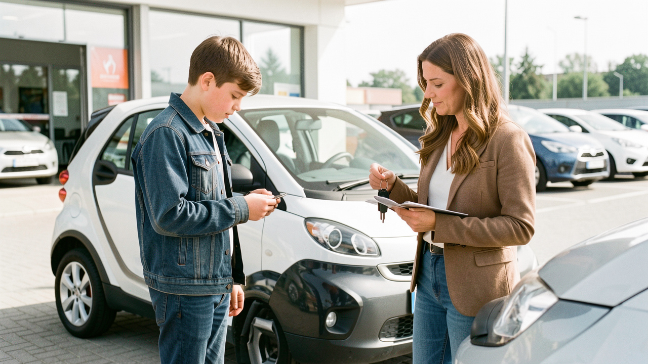 Un lycéen de 15 ans observe une petite voiture sans permis avec une conseillère adulte devant une agence de location.