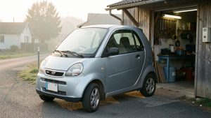 Petite voiture sans permis chargée d’outils, stationnée devant un atelier au petit matin.