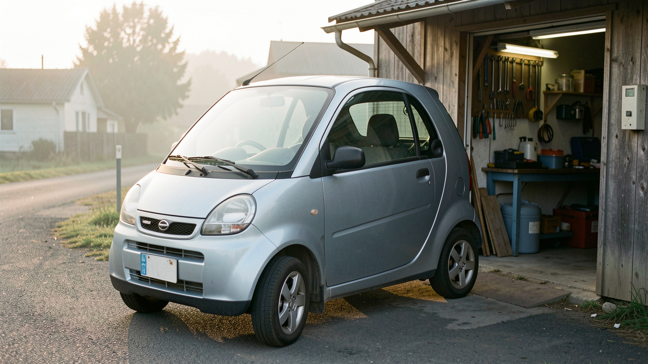 Petite voiture sans permis chargée d’outils, stationnée devant un atelier au petit matin.