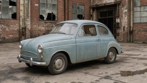 Ancienne petite voiture française bleu pâle devant une ancienne usine automobile en briques, photographiée dans un style documentaire réaliste.