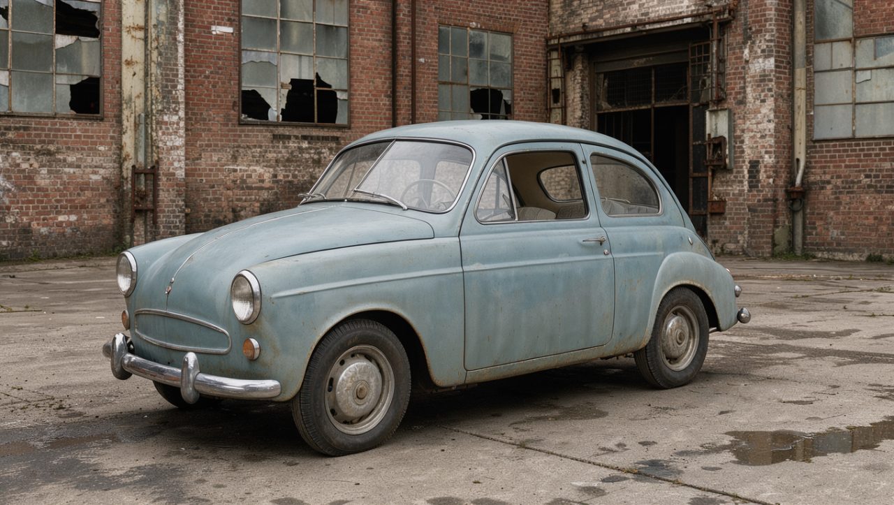 Ancienne petite voiture française bleu pâle devant une ancienne usine automobile en briques, photographiée dans un style documentaire réaliste.