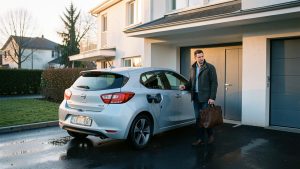 Voiture électrique compacte en charge devant une maison urbaine française au petit matin, avec un homme se préparant à partir travailler.