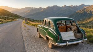 Voiture chargée de bagages près d’une route panoramique, avec une carte pliée visible dans le coffre sous la lumière matinale.