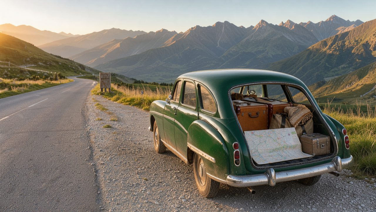 Voiture chargée de bagages près d’une route panoramique, avec une carte pliée visible dans le coffre sous la lumière matinale.
